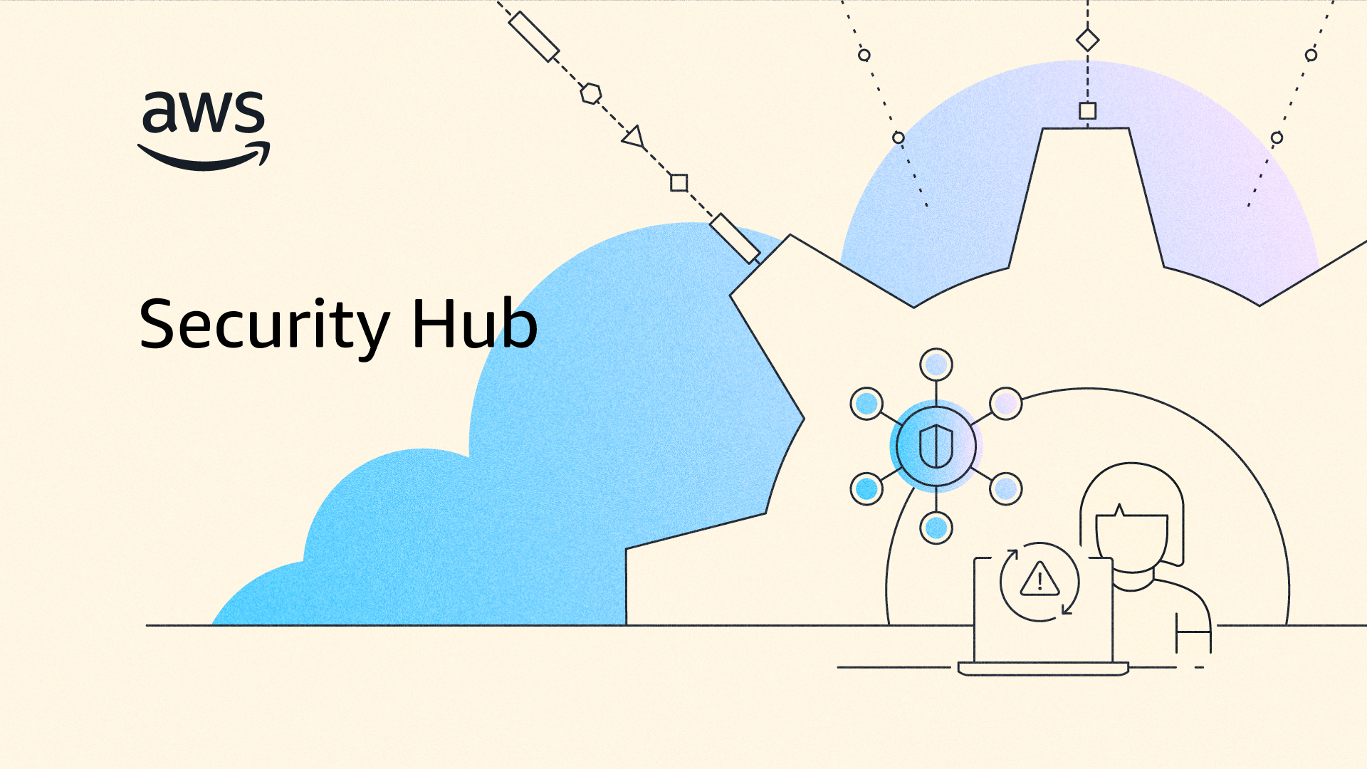 AWS Security Hub illustration showing cloud infrastructure and a security analyst