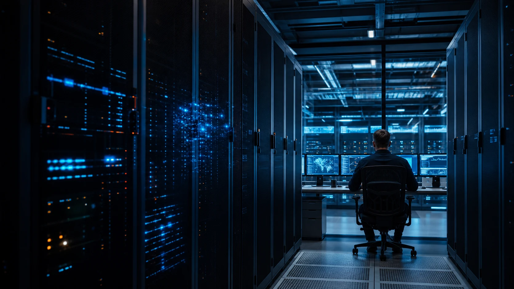 Investigador de seguridad supervisando un pasillo oscuro de un centro de datos